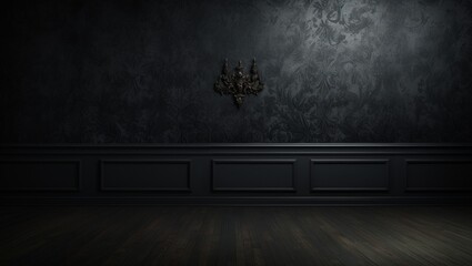Black wall in dark colors. Wooden floors. Beautiful background.