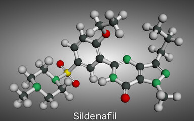 Sildenafil molecule. It is drug for the treatment of erectile dysfunction. Molecular model. 3D rendering.