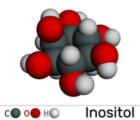 Inositol, myo-inositol,  vitamin-like essential nutrien molecule, vitamin B8. Molecular model. 3D rendering.