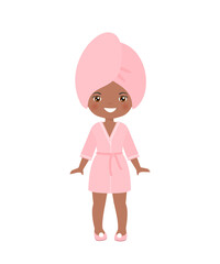 African american girl dressing in bathrobe, isolated on white background. Cartoon flat style. Vector illustration
