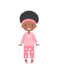 African american girl dressing in pajamas, isolated on white background. Cartoon flat style. Vector illustration