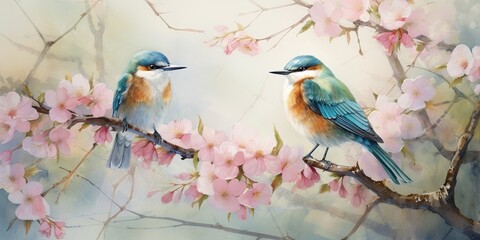 AI Generated. AI Generative. Romantic beautiful bird sitting on branch tree. Oil paint draw watercolor nature background. Soft warm colors