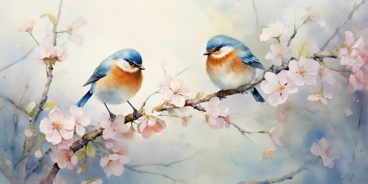 AI Generated. AI Generative. Romantic beautiful bird sitting on branch tree. Oil paint draw watercolor nature background. Soft warm colors