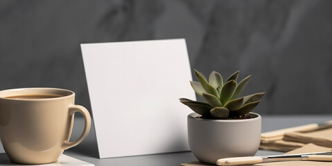 Blank white invitation mockup on the table with coffee cup