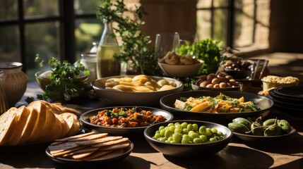 Fototapeta na wymiar Lebanese snacks and drinks: hummus, baba ganoush, caviar and pancakes, grapes