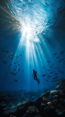 Fototapeta na wymiar A scuba diver, clad in their gear, navigates the mysterious depths of the underwater world. 