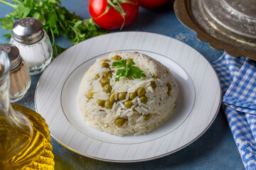 Traditional delicious Turkish foods; pea rice (Turkish name; Bezelyeli pilav)