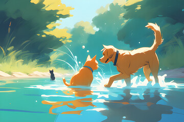 dog and cat playing in water.
Generative AI - obrazy, fototapety, plakaty