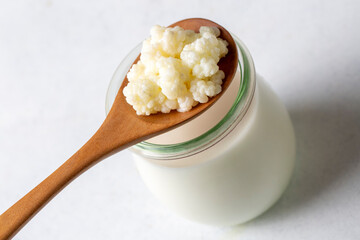 Kefir fermented milk drink with kefir grains. Homemade kefir stands in a glass, next to kefir grains and milk