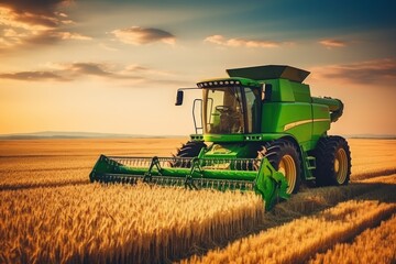 Harvesting Gold: Combine Reaper with Cutterbar Gathers Wheat in Vast Cereal Field.