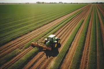Agricultural Aerial Scene: Tractor Combine Harvester Working on Ripe Cereals Field.