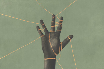 Illustration of a black tied hand, surreal abstract concept - 628162471