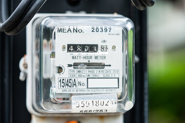 Bangkok, Thailand April 10, 2023,Electric measuring power meter for energy cost at home and office.