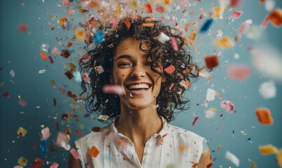 Portrait of a young woman celebrating with brightly coloured falling confetti