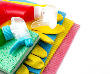 Cleaning products with cleaning material, isolated on white © Esin Deniz