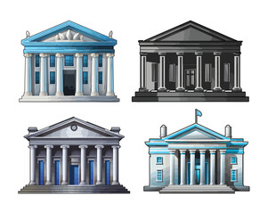Bank building illustration flat vector icons set