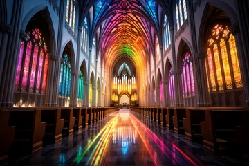 Papier Peint photo autocollant Coloré Radiant Rainbow Delights: Stained Glass Illuminates Grand Cathedral's Pearl Gates