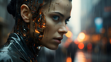 Female cyborg in a futuristic city with cyberpunk