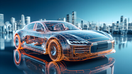 Wireframe rendering of electric car on light blue city background