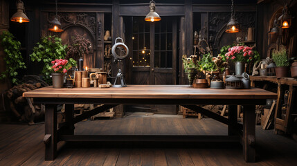 Fototapeta na wymiar Vintage interior. Wooden table. Generative Ai