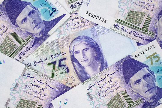 Pakistani 75 rupees bank notes money background