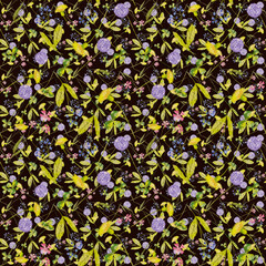 Trendy seamless floral textile print midnight flowers. Plants drawn against a dark background, intertwined with each other. Autumn winter floral fabric background, vector,  Aerial flora pattern