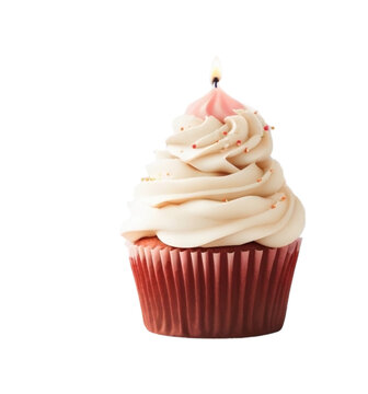 cupcake with candle for birthday wishes isolated on white transparent background PNG , cupcake PNG , ai generative image 