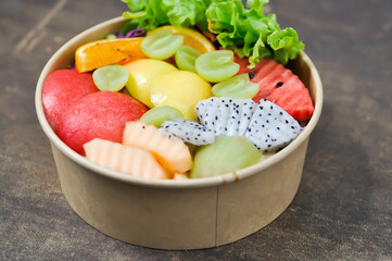 fruit and vegetable salad or apple, dragon fruit and lettuce salad