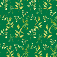 Trendy Green seamless botanical textile print. Various shades of green are nuanced in one design. Elements of leaves, stems, flowers. Soft textures, touches.The trend of sustainability 
