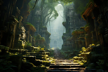 Enchanted Journey: Illuminated Canopy Path leading to Ancient Sunlit Temple in Mystical Jungle
