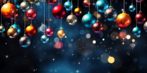 Christmas background with colorful balls, New Year decoration. Festive blue background with highlights and bright Christmas toys, hanging Christmas balls.