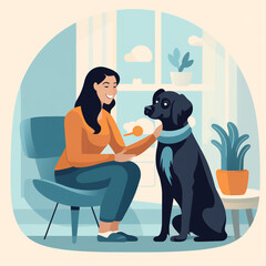 Illustration of a therapy dog with a human. These dogs are trained to provide affection, comfort and support to people in places where they are needed such as in hospitals.

