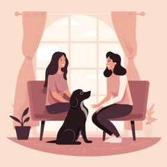 Illustration of a therapy dog with a human. These dogs are trained to provide affection, comfort and support to people in places where they are needed such as in hospitals.

