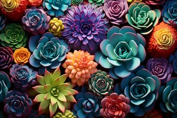 Miniature succulent plants background. Top view succulent cactus, gardening, horticulture theme. Colorful fresh succulents with cacti. Bright colored succulents like bright flowers.