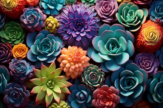 Fototapeta Miniature succulent plants background. Top view succulent cactus, gardening, horticulture theme. Colorful fresh succulents with cacti. Bright colored succulents like bright flowers.
