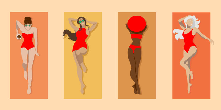 vector image four different beautiful young slim girls of different nationalities. red swimsuits. sunbathing on beach on colorful mats. elements isolated. view from above. summer holidays