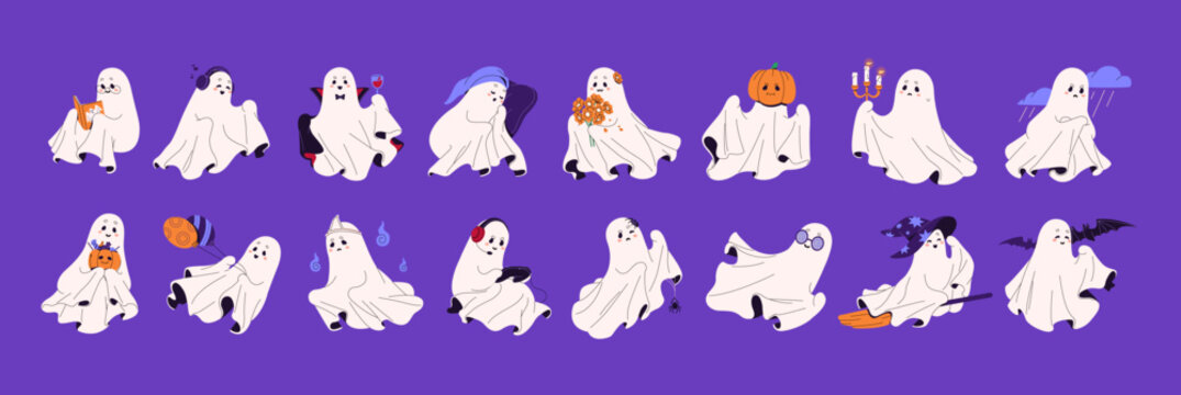 Cute and friendly ghost with different expressions set. Spooky phantom flying to Halloween with pumpkin. Sad and fun spirit, various costumes. Spook and bat. Cartoon flat isolated vector illustration