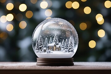 Fototapeta na wymiar Magical glass snow globe on wooden table. Winter decoration, Christmas glass ball on bokeh background of light reflections, festive atmosphere.