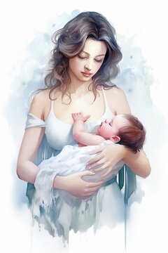 Colored watercolor illustration mother nursing baby. Woman breastfeeding a baby, isolated watercolor illustration. World Breastfeeding Week. Healthy motherhood, newborn baby.