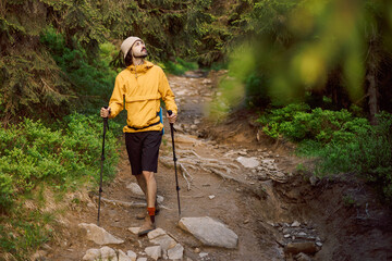 portrait of a hiker with trekking poles and backpack climbing or descending mountain hiking trails