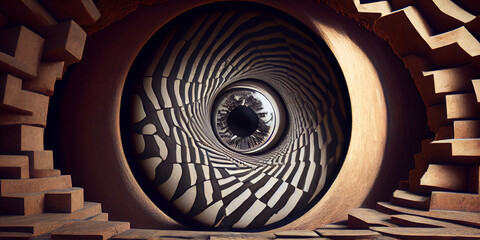 An optical illusion resembling a human eye in a 3D geometric style. Generative AI