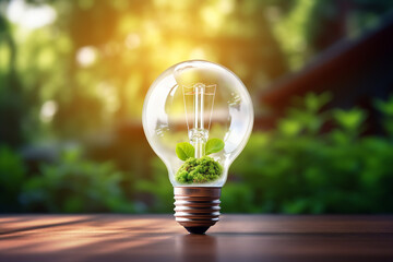 Light bulb with greenery inside representing energy saving efficiency. High quality photo