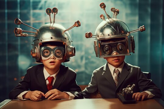 Young boys in business attire with mind-reading helmets ready to analyze your business. Photo generative AI