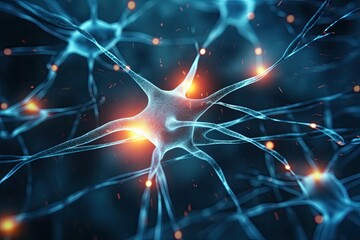 Neuron cell disease - interconnected network with electrical pulses, medical image. Photo generative AI