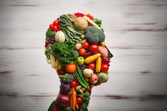 Fresh vegetable concept for healthy eating with human head drawing on gray wooden background. Photo generative AI