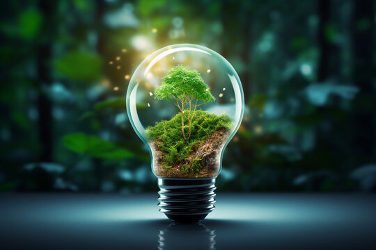 Light bulb with greenery inside representing energy saving efficiency. High quality photo