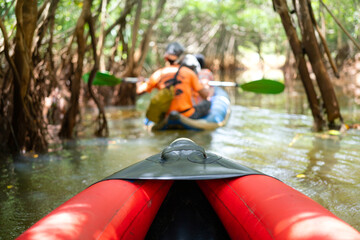 Close-up at head of canoe or kayak boat during floating on water in rainforest jungle. Challenge...