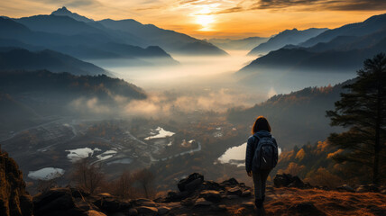 Obraz premium tourist Looking at the photo angle at the top of the mountain in order to capture the beautiful view below