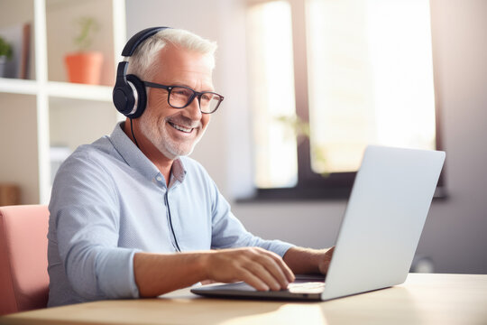 Senior man wearing a headphones and using a laptop as a means of learning. Concept image on online education. Generative AI.