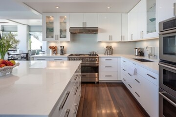 White simple kithchen,  with warm  leds at the top